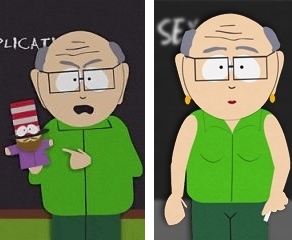 Na foto da esquerda, o professor Garrison com seu fantoche. Na direita, o mesmo professor após sua cirurgia de mudança de sexo, quando passou a ser a Sr.ª Garrison.