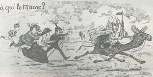 Ilustração representando os reis da Espanha e da Grã-Bretanha, Marianne (símbolo da República Francesa) e o imperador da Alemanha correndo atrás do sultão marroquino.