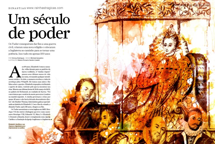 Ilustração da rainha Elizabeth I e seus súditos, assinada por Nelson Provazi para a edição n° 65 da Revista Aventuras na História.