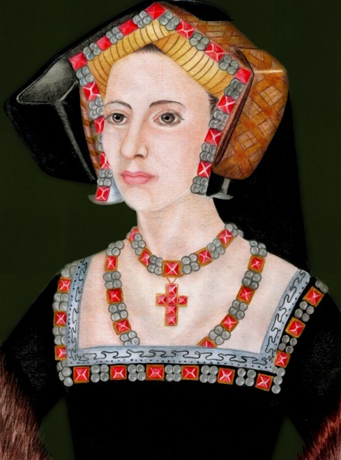 Ilustração de Ana Bolena baseada no famoso retrato da medalha de 1534 (desenho e pintura de Renato Drummond Tapioca Neto).