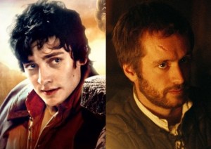 Aneurin Barnard (à esquerda) como Lorde Darnley e Sean Biggerstaff (à direita) como Lorde Bothwell.