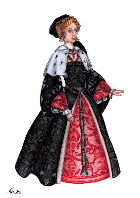 Vestido que Ana Bolena usou no dia de sua execução, feito com base na crônica portuguesa sobre o evento. De acordo com os registros, Ana usava um capelo no modelo francês, vestido de damasco preto com saia vermelha e um manto de arminho sobre os ombros (desenho de Renato Drummond Tapioca Neto).