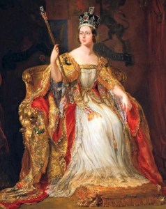 Detalhe do quadro pintado por Sir George Hayter, retratando Vitória sentada no trono, com a coroa na cabeça e cetro na mão (1838).