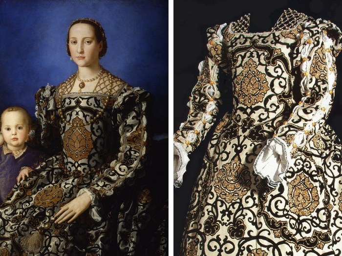 À esquerda, o retrato de Eleonora de Toledo acompanhada de seu filho, pintado por Agnolo Bronzino. À direita, uma reconstrução do vestido usado por ela no mesmo retrato. 