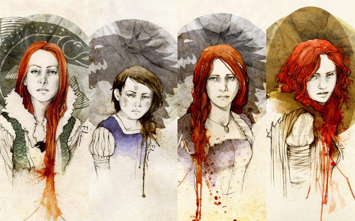Da esquerda para a direita: Catelyn Stark, Arya Stark, Sansa Stark e Ygritte. Ilustrações de Elia Fernández. 
