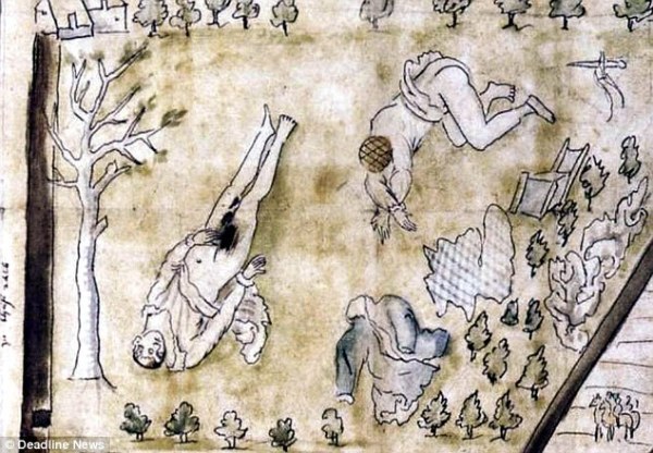 Os corpos seminus de Darnley e seu escudeiros foram encontrados abaixo de um pomar, após a explosão da casa onde o rei passava a noite. Detalhe de painel contemporâneo à morte de Darnley, que retrata as circunstâncias em que seu corpo fora encontrado. 