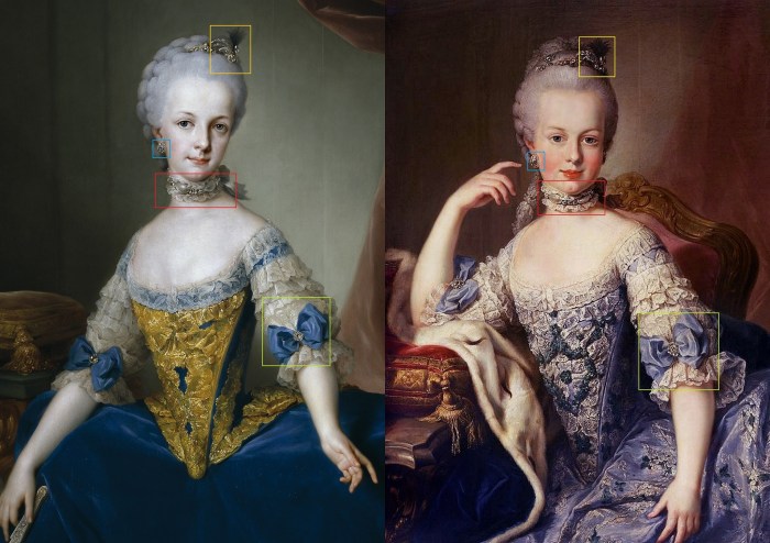 Quadro comparativo entre o retrato de Maria Josefa, pintado por Anton Rapahel Mengs (1767), e o possível retrato de Maria Antonieta, pintado por Meytens. Ambas estão usando os mesmos adereços: as mangas do vestido, os brincos, a gargantinha e as joias no cabelo. 