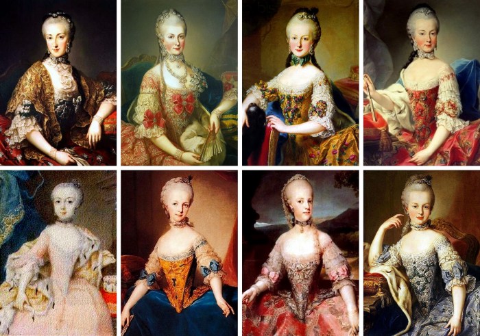As oito filhas da Imperatriz Maria Teresa da Áustria, que sobreviveram à infância. Da esquerda para a direita, de cima para baixo: Maria Ana, Maria Cristina, Maria Elisabete, Maria Amália, Maria Joana, Maria Josefa, Maria Carolina e Maria Antonieta.