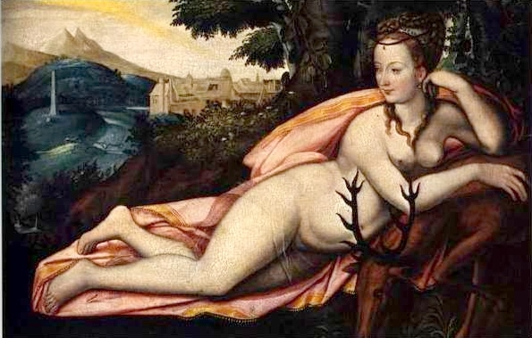 Nu artístico de Diana de Poitiers, como a deusa da caça Diana (escola de Fontainebleau).