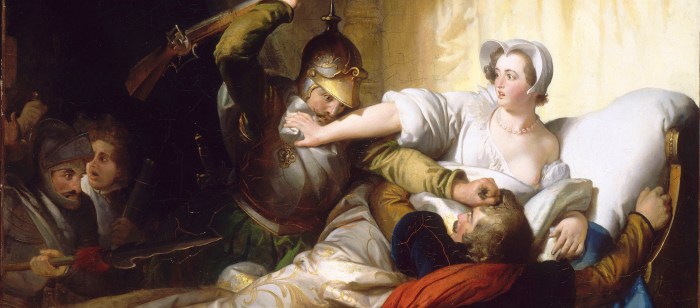 Tela de Alexandre-Évariste Fragonard, retratando o quarto de Margarida de Valois, durante o massacre de São Bartolomeu (1836).