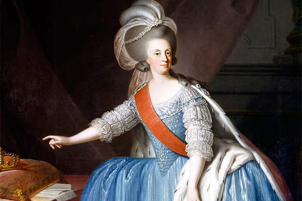 D. Maria I foi a primeira rainha reinante de Portugal e também a primeira monarca europeia a pôr os pés no continente americano, desde o século XVI. Retrato baseado em obra de Giuseppe Troni (1783).