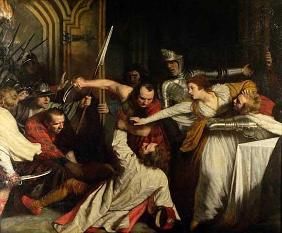 David Rizzio é assassinado aos pés de sua senhora. Tela de John Opie, 1787. 