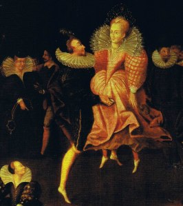 Cena de casal dançando, possivelmente Elizabeth I e Robert Dudley. 