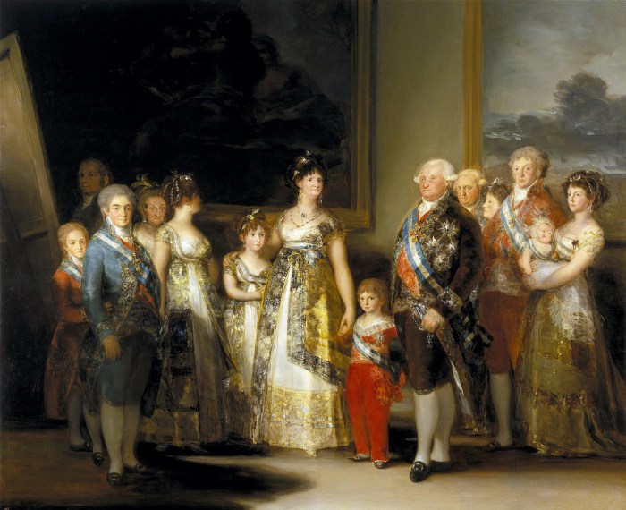 A família de Carlos IV em 1800 por Francisco de Goya. Da esquerda para a direita: o infante Carlos o Príncipe das Astúrias e a Princesa de Astúrias; as infantas Maria Josefa e Maria Isabel, a rainha Maria Luísa de Parma o infante Francisco de Paula, o rei Carlos IV e o infante António Pascoal; as infantas Carlota Joaquina e Maria Luísa, o rei da Etrúria, Luís I e o príncipe herdeiro da Etrúria Carlos.